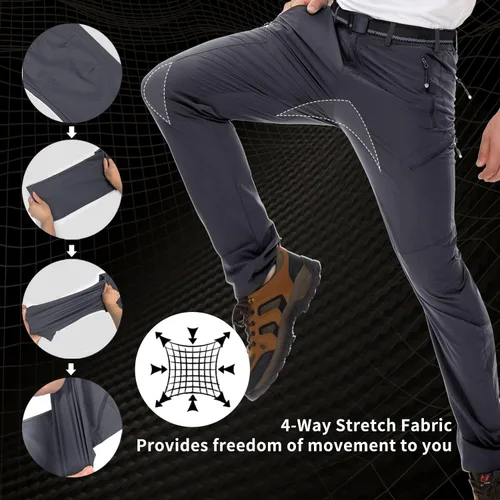 Miniatura 3 de NOUKOW Pantalones de senderismo para hombre, de secado rápido, ligeros, impermeables, elásticos, 6 bolsillos con cremallera y cinturón
