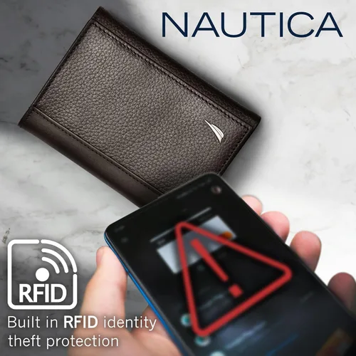 Miniatura 47 de Nautica Men's Trifold Wallet RFID Blocking Protection ID Window Card Slots Genuine Leather Durable
