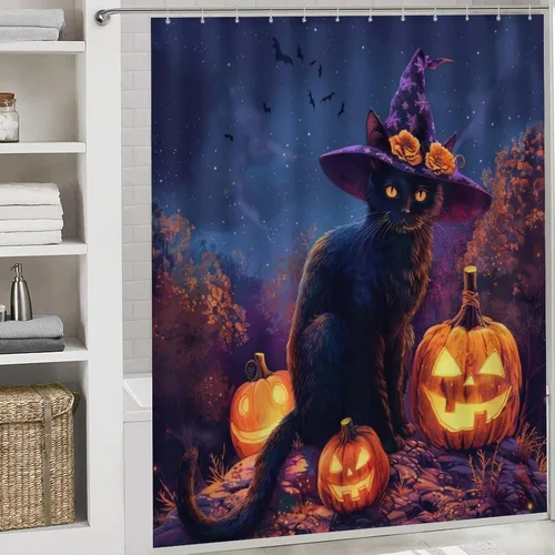 Miniatura 5 de Juego de 4 cortinas de ducha divertidas con diseño de gato, calabaza, luna, con alfombras, tapa de inodoro y tapete de baño, farol de Halloween