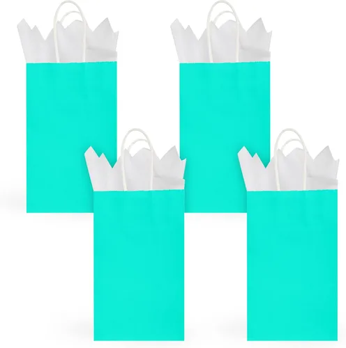 Miniatura 6 de DjinnGlory Paquete de 24 bolsas de papel verde azulado de tamaño pequeño de 9 x 5.5 x 3.15 pulgadas con 24 papel de seda blanco, bolsas azul