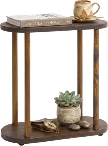 Mesa auxiliar estrecha ovalada de madera maciza, mesa auxiliar delgada con pedestal pequeña para sala de estar, diseño minimalista moderno para
