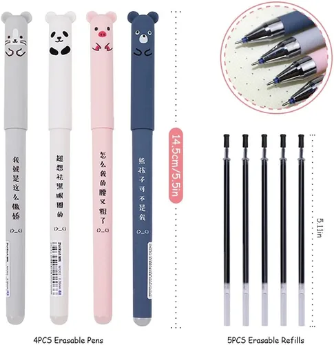 Miniatura 2 de 4 bolígrafos de gel borrables de 0.014 in + 5 repuestos de repuesto, lindos bolígrafos de gel de dibujos animados kawaii, gato, cerdo, oso, panda