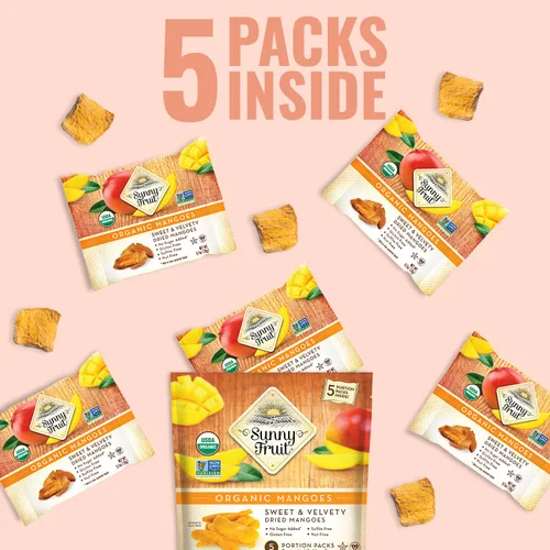 Miniatura 7 de Sunny Fruit Mangos secos orgánicos suaves – 1 bolsa (5 paquetes de porciones individuales) Sin conservantes, sulfuros o azúcar añadido Paquetes