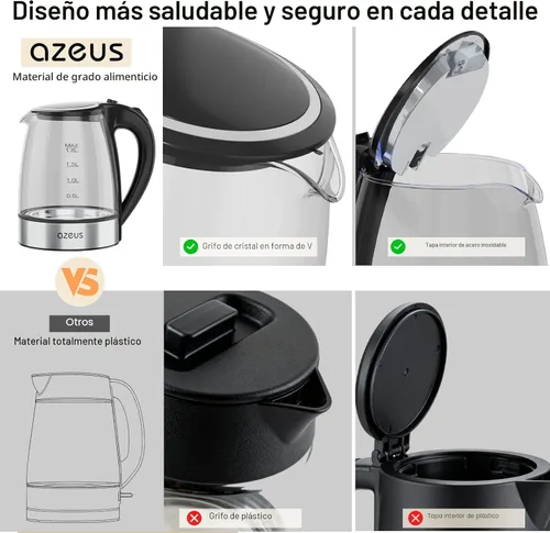 Miniatura 6 de AZEUS Hervidor Eléctrico de Agua de Ebullición Rápida, 1.8L de Gran Capacidad con Apagado Automático y Protección contra Ebullición en Seco, Vidrio