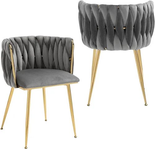 Miniatura 17 de Nrizc Juego de 2 sillas de comedor de terciopelo, sillas de comedor tapizadas tejidas con patas de metal dorado, sillas decorativas modernas