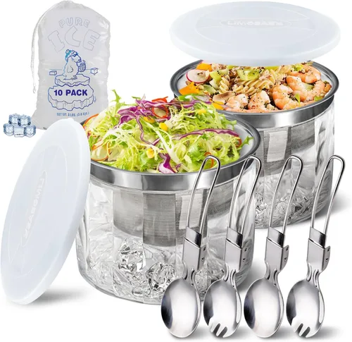 Miniatura 9 de LIMOEASY Tazón para ensalada helada, tazón grande de 4.5 Qt para servir frío con tapa para fiestas, tazones de hielo para mantener frías
