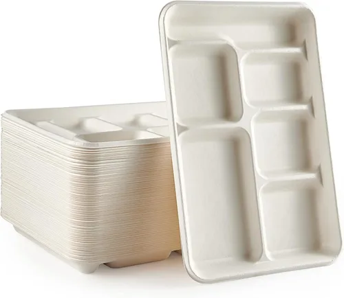 Vplus Platos 100% compostables con 6 compartimentos, paquete de 90 platos de papel con compartimentos, bandejas desechables de 12.5 x 8.6 pulgadas 6