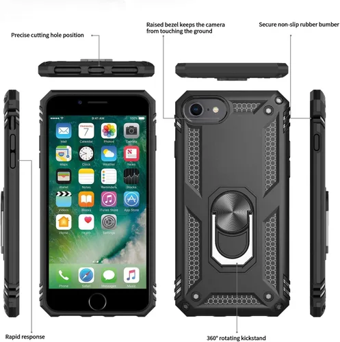 Miniatura 2 de LeYi Funda para iPhone SE 2022/2020 con [2 unidades] protector de pantalla de vidrio templado, cubierta de grado militar con soporte de anillo Negro