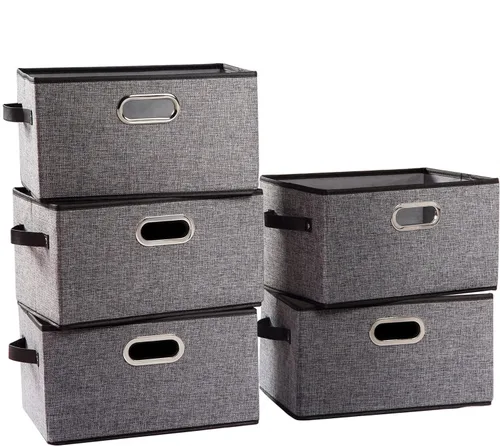 Miniatura 29 de PRANDOM Contenedores de almacenamiento plegables más grandes para clóset [5 unidades] cestas decorativas de tela de lino con asas de cuero y metal
