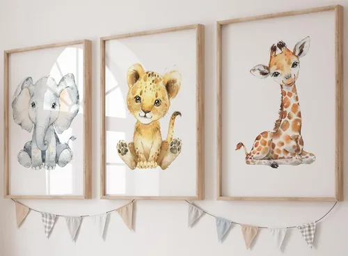 Miniatura 9 de Safari Animals - Juego de 3 impresiones artísticas de pared sin marco, carteles de animales grises con pajarita azul, elefante jirafa león, póster