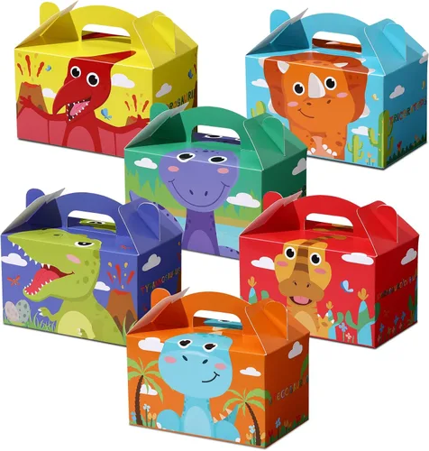 TaoBary 24 cajas de recuerdo de fiesta de dinosaurios para niños y niñas, recipientes de regalo de golosinas de dinosaurio jurásico con asa para