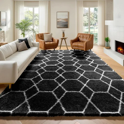 Miniatura 12 de ONASAR Alfombras de área para sala de estar y dormitorio, alfombra esponjosa lavable de 5x8 pies gris y blanca, alfombra de piso suave, afelpada