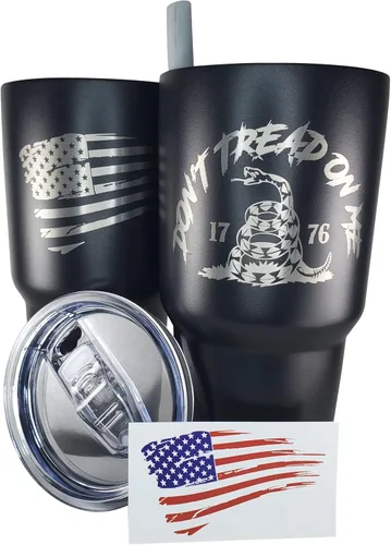 Gadsden Flag Don't Tread On Me - Vaso patriótico de 30 onzas – Taza de viaje con bandera estadounidense – Taza de viaje para café patriótico – Vaso