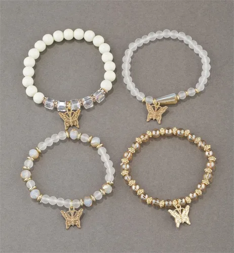 Miniatura 4 de Fuqimanman2020 Juego de 4 pulseras elásticas apilables con cuentas de oro con dije de mariposa de cristal y coloridas pulseras elásticas