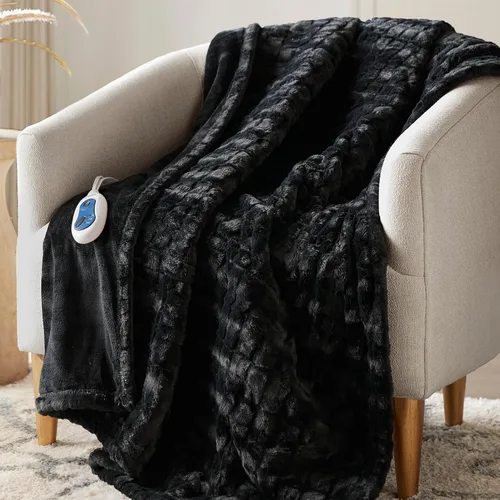 Miniatura 26 de Beautyrest Zuri - Poncho manta eléctrica reversible de piel sintética de leopardo de las nieves a visón, ponible, apagado automático, prácticamente