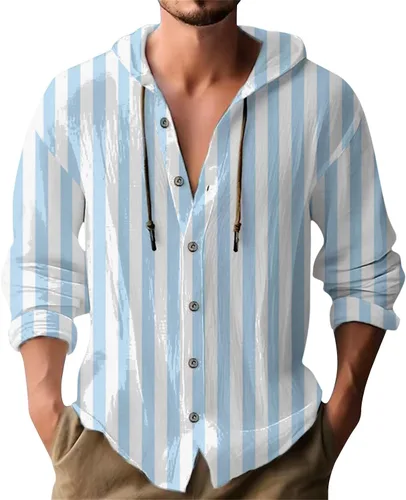 Miniatura 11 de Camisas de manga larga con botones para hombre, camisa con capucha a rayas verticales, casual, para vacaciones, verano, ligera, con cordón Z21