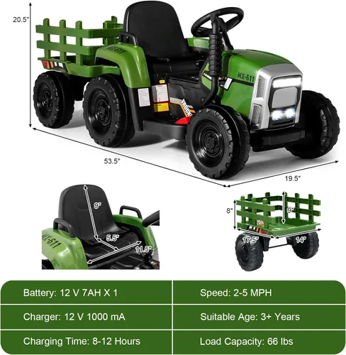 Miniatura 7 de OLAKIDS Tractor de paseo para niños de 12 V, vehículo eléctrico 2 en 1 con control remoto, remolque desmontable, juguete de conducción a batería