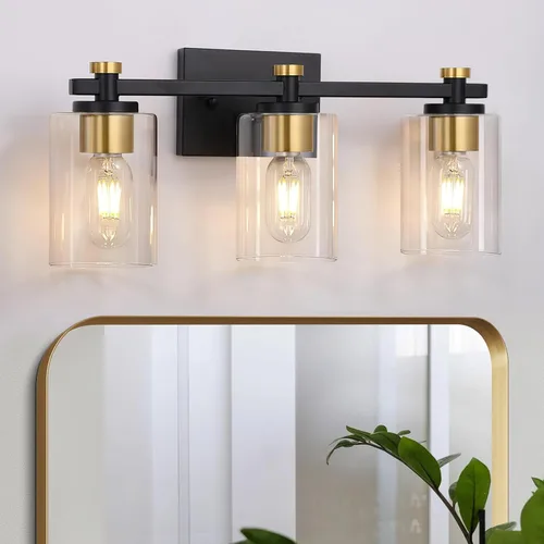 Miniatura 9 de Lámpara de Tocador de Baño de 3 Luces, Accesorios de Iluminación de Baño Negro con Pantalla de Globo de Vidrio Transparente, Aplique de Pared Negro