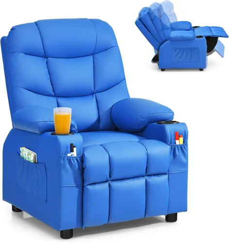 Costzon Silla Reclinable para Niños con Portavasos, Silla de Salón de Cuero Ajustable con Reposapiés y Bolsillos Laterales para Habitación de Niños
