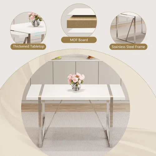 Miniatura 4 de Juego de mesa de comedor moderna de 55 pulgadas para 4, mesa de comedor negra y marco de metal dorado, mesa de comedor rectangular con 4 sillas