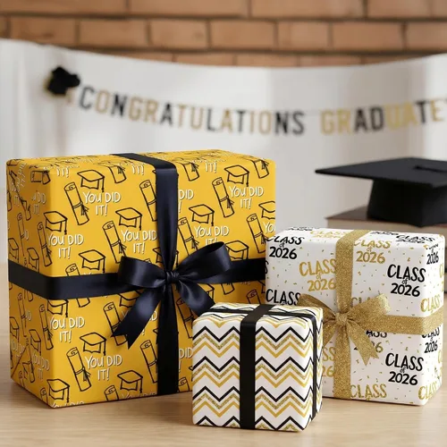 Miniatura 4 de WAPLIGHAL Papel de regalo de graduación para clase de 2026 – Gorras de graduación, diplomas, estrellas y lo hiciste en negro, color dorado, papel