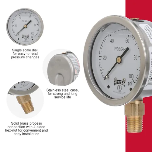 Miniatura 5 de Winters, medidor de presión de acero inoxidable 304 Serie PFQ, con escala única y relleno de líquido, con interior de metal, 0-100 psi, visualizador