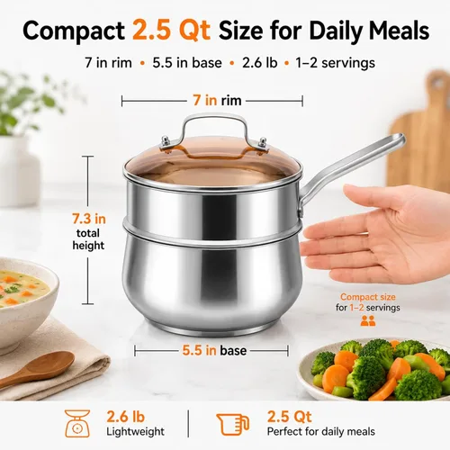 Miniatura 3 de WANGYUANJI Cacerola de acero inoxidable de 2.5 cuartos de galón con cesta de vapor, olla de vapor multiusos 2 en 1 para cocinar, verduras y pastas