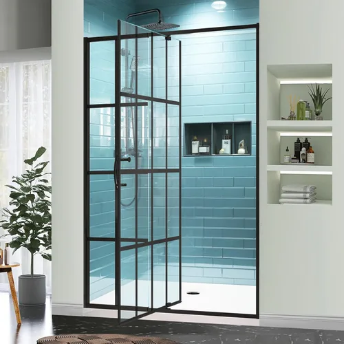 Miniatura 16 de GroGro 56-60" W x 71" H Mampara de ducha giratoria de vidrio semisin marco, vidrio templado transparente de 1/4" (6mm) SGCC, acabado cromo, Cromado