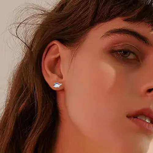 Miniatura 4 de Aretes de dinosaurio arcoíris para mujer, plata de ley 925, circonita cúbica, aretes de dinosaurio, hipoalergénicos, pequeños, joyería