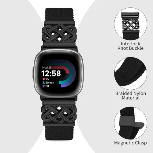 Miniatura 3 de Correa trenzada compatible con Fitbit Versa 4 bandas para mujer/Versa 3/Sense 1/Sense 2, cierre magnético, tela de nailon con correas de hebilla
