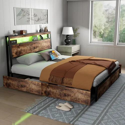 Miniatura 8 de SADENICEL Base de cama de tamaño matrimonial con almacenamiento, plataforma de cama de madera LED con cabecero, 4 cajones, estación de carga,