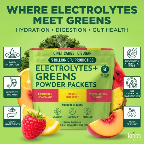 Miniatura 2 de Keto Vitals Keto Electrolytes Plus Greens Superfood - Paquetes de polvo de 30 porciones Super Greens con electrolitos sin azúcar para hidratación