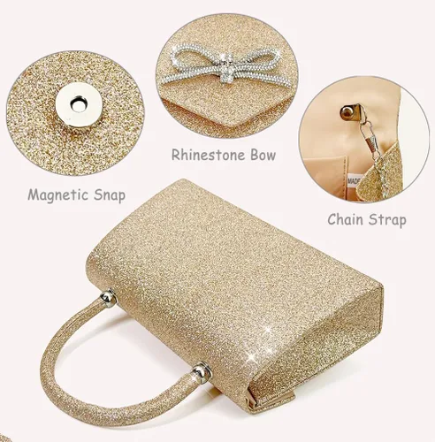 Miniatura 4 de Bolso de noche para mujer, con lazo brillante, bolso de mano para boda, fiesta, monederos con diamantes de imitación con purpurina para cóctel