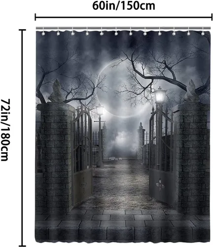 Miniatura 6 de Cortina de ducha de Halloween para baño, noche aterradora, patio, puerta, luna espeluznante, árbol muerto, lámpara de calle, poliester, impermeable