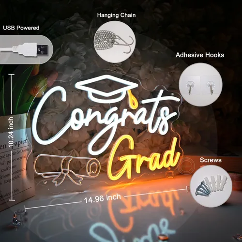 Miniatura 3 de Britrio Letrero de neón con texto en inglés "Congrats Grad" para graduación, celebración, fiesta, decoración iluminada, clase de 2026