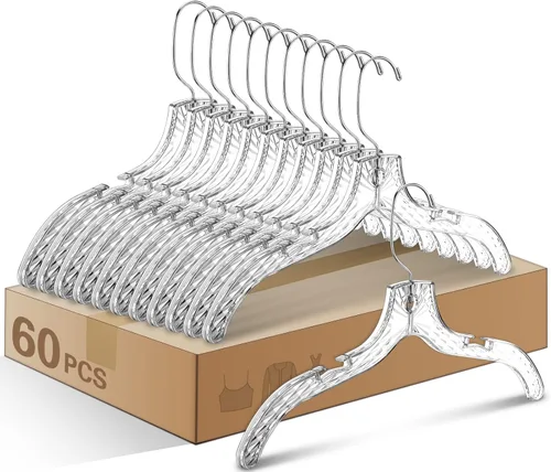 Wesiti Paquete de 60 perchas de plástico transparente a granel para ropa de 17 pulgadas con corte de cristal para abrigos, camisas, trajes, tienda