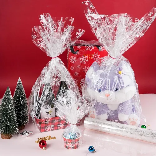 Miniatura 4 de Kolewo4ever Rollo de papel de envoltura de celofán de Navidad de 100 pies x 32 pulgadas, papel de regalo transparente con copos de nieve, bolsas