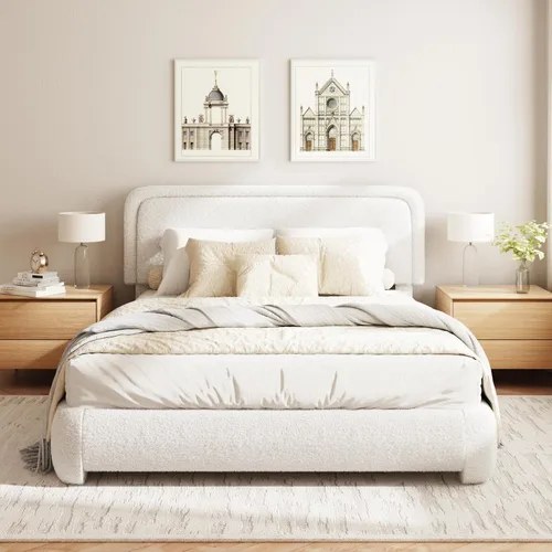 Miniatura 26 de Base de cama Boucle tamaño King, plataforma tapizada en nube con cabecero ajustable en altura y esquinas redondeadas suaves, no necesita somier, sin