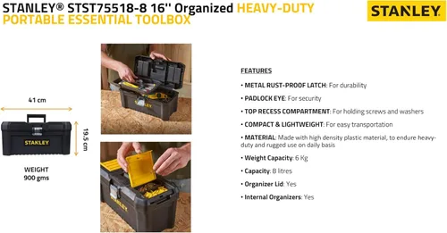 Miniatura 4 de STANLEY Caja de herramientas esenciales (16 pulgadas), solución de almacenamiento duradera con bandeja extraíble y organizadores