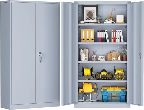 Miniatura 16 de Greenvelly Armario de almacenamiento de metal de 72 pulgadas de alto con 2 puertas y 4 estantes ajustables, gabinete de metal negro con cerradura