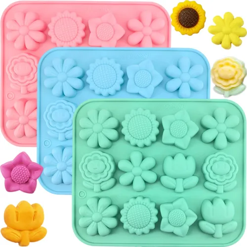 Paquete de 3 moldes de flores de silicona con margaritas y chocolate, moldes florales de girasol, tulipán, margarita, dulces, moldes para hornear, B
