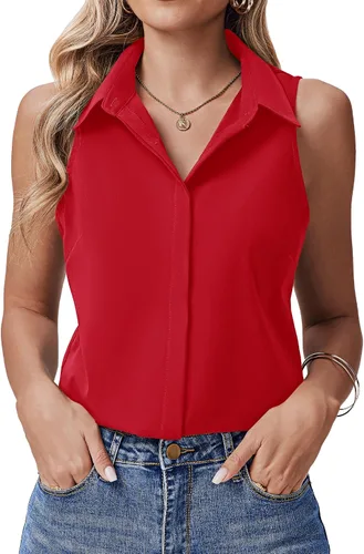 Miniatura 10 de HOTOUCH Camisas sin mangas con botones ocultos para mujer, frente con botones ocultos, cuello, blusas casuales elegantes holgadas para oficina