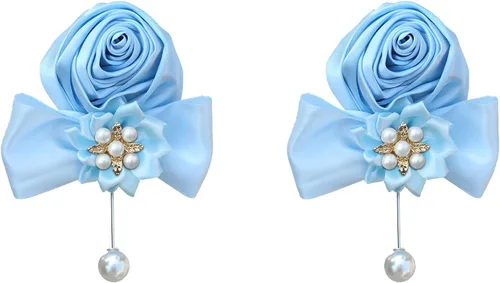 Boutonniere de rosas de satén, 2 piezas para boda, novio, padrino, padrino, mejor hombre, padre, alfiler de solapa, agujero de botón, flor