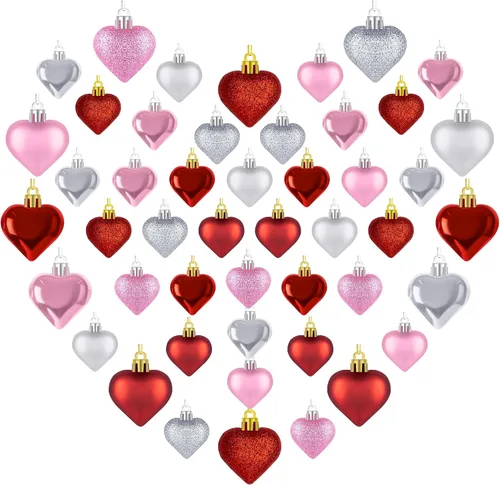 Miniatura 9 de 48 adornos para el día de San Valentín, decoraciones en forma de corazón rosa, 2 tamaños de bolas colgantes, adornos brillantes para boda