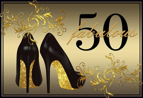 Miniatura 2 de Fondo dorado para fotos de 50 tacones altos Champagne Woman 50th Happy Birthday Party Banner para fotografía de 8 x 6 pies