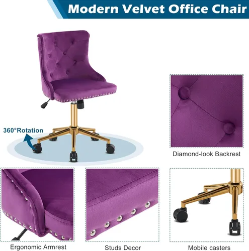 Miniatura 4 de VINGLI Silla de escritorio de oficina en casa sin brazos de color púrpura oscuro con base/ruedas doradas, pequeña silla de tocador/maquillaje linda