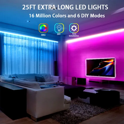 Miniatura 2 de Dalattin - Tira de luces LED para dormitorio de 25 pies, kit de tiras de luces LED RGB 5050 con cambio de color, control remoto de 44 teclas