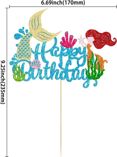 Miniatura 2 de Gyufise 1 pieza de decoración de pastel de sirena de feliz cumpleaños con purpurina de animales del océano, conchas marinas, cola de sirena