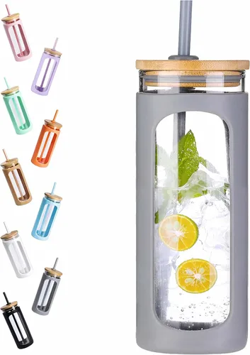 Miniatura 50 de Kodrine Vaso para agua de vidrio de 20 onzas con popote y tapa, botella de agua con tapas de bambú, taza para café helado, reutilizable, boca ancha