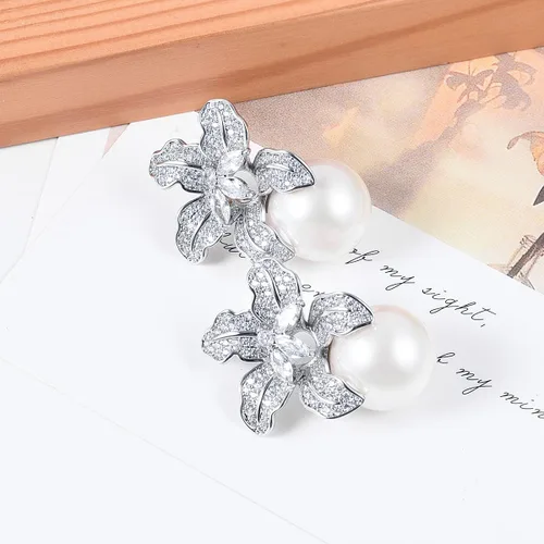 Miniatura 4 de Aretes de perlas redondas grandes con circonita cúbica para ceremonia de boda, accesorios elegantes